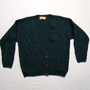 Vintage L.L. Bean Wool Cardigan Cable Knit Green Button Womens Small Sweater
